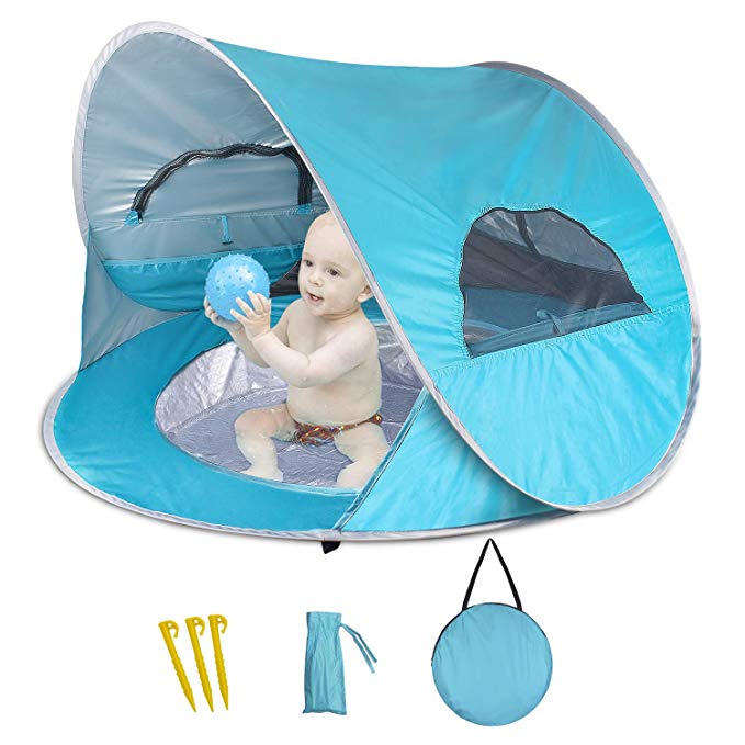 Kumet Baby Beach Tent with Built-in Pool, Infant Pop Up Tent with 2 Mesh Side Windows, 2 Side Pockets, UPF 50+ Sun Shade Shelter with Rear Zipper Panel for Aged 0-3, Fits 1-2 Children