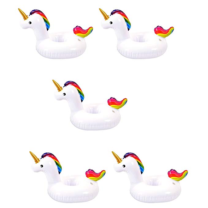 Ooggee 5 pcs Mini Inflatable Unicorn Pool Float Drink Holder. Use These Magical Horned Creatures for your Pool Party or Unicorn Party Supplies