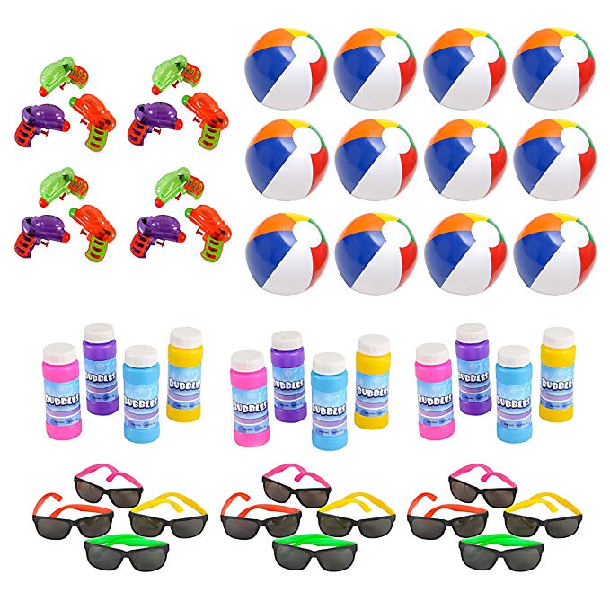 Mega Pool Party and Beach Party Favors - Summer Fun Toy Mega Assortment Bulk Pack of 48 Kids Toys Includes - Kids Sunglasses Party Favors, Inflatable Beach Balls, Water Gun Squirts and Bubbles