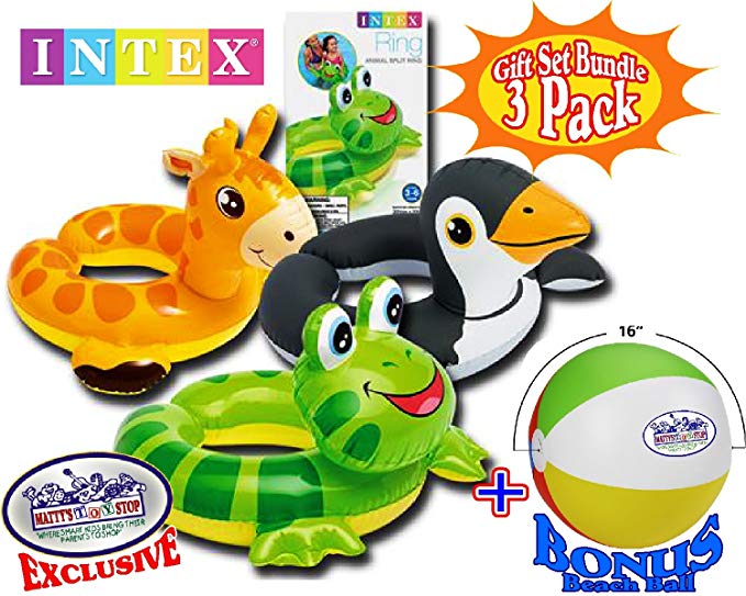 Intex Animal Split Ring Pool Floats Giraffe, Frog & Penguin Gift Set Bundle with Bonus 