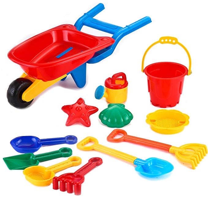 Joyin Toy Beach Sand Toy Set Including Trolley Cart, Models and Molds, Bucket, Shovels and Rakes in Reusable Zippered Bag