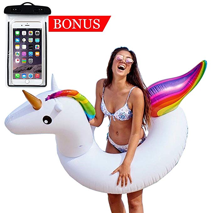BESTFLOAT 2-In-1 Unicorn Pool Float, Includes Bonus Waterproof Phone Case, Giant Inflatable Swimming Rafts Tube, Outdoor Vacation Beach Party Lounge Large Floaties Decorations Toys For Kids Adults